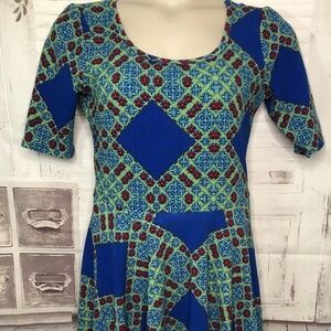 LuLaRoe Nicole Womens Blue Green Geometric Mid Sleeve Fit & Flare Dress Large L